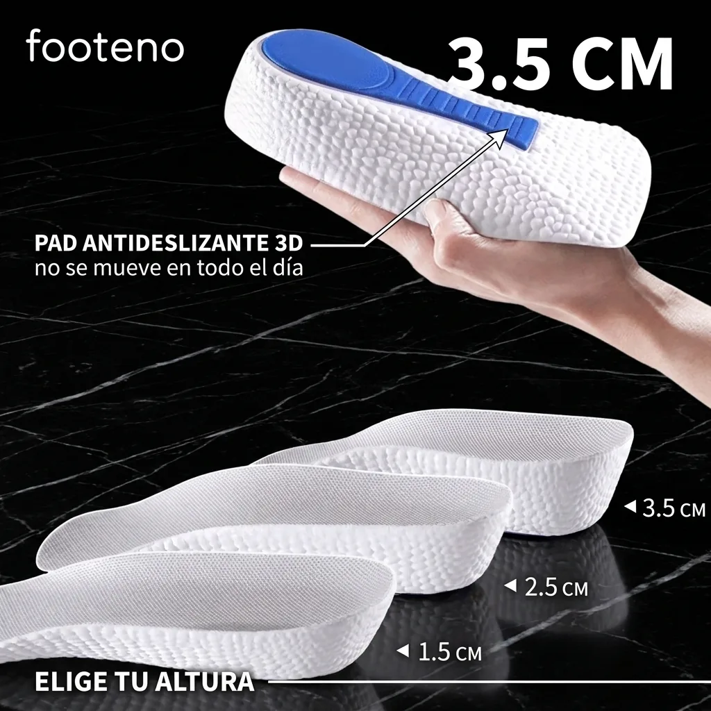 Tres alturas de alzas Footeno: 1.5, 2.5 y 3.5 cm con pad antideslizante 3D