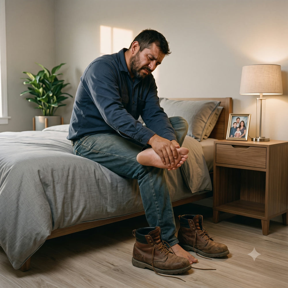 Antes: hombre con dolor de pies al llegar del trabajo