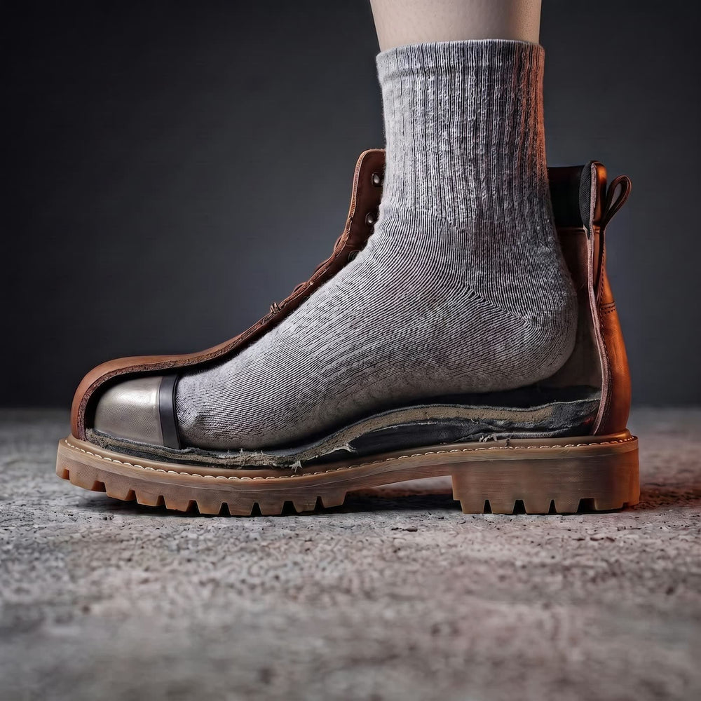 Antes: bota de trabajo con la plantilla vieja aplastada bajo el talón