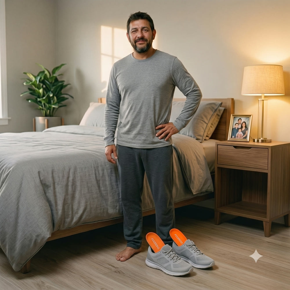Después: el mismo hombre de pie y relajado con plantillas Footeno