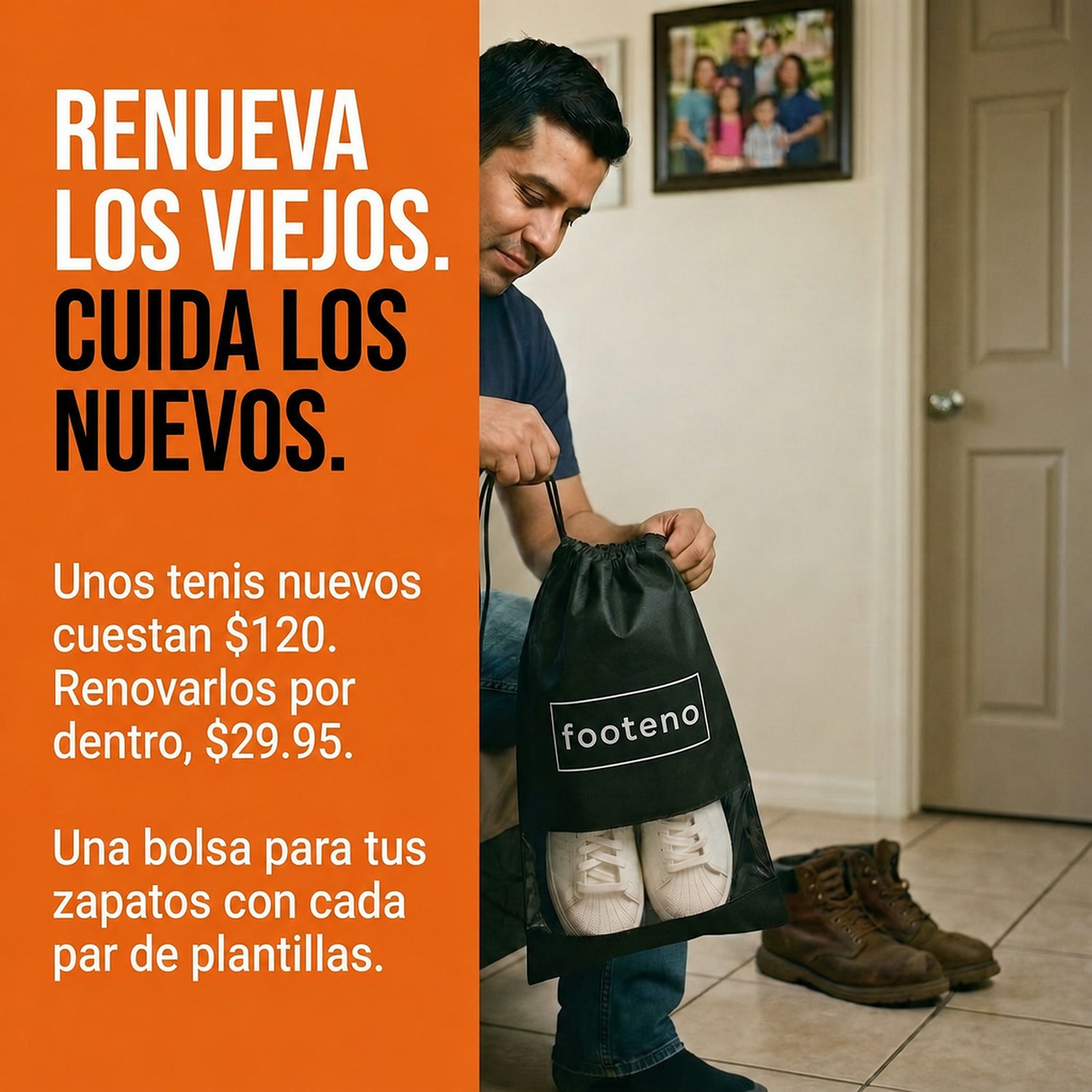 Hombre guardando sus tenis en la funda Footeno negra recibida con las plantillas