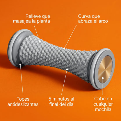 Rodillo de masaje Footeno: relieve que masajea la planta, curva que abraza el arco y topes antideslizantes