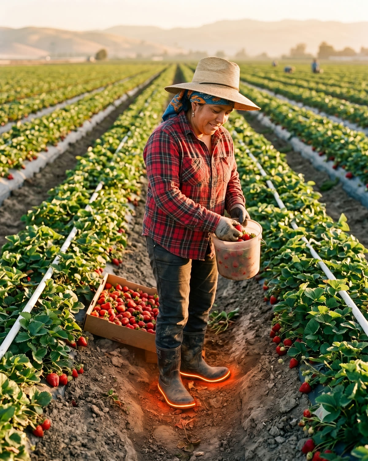 Trabajadora latina recogiendo fresas en el campo