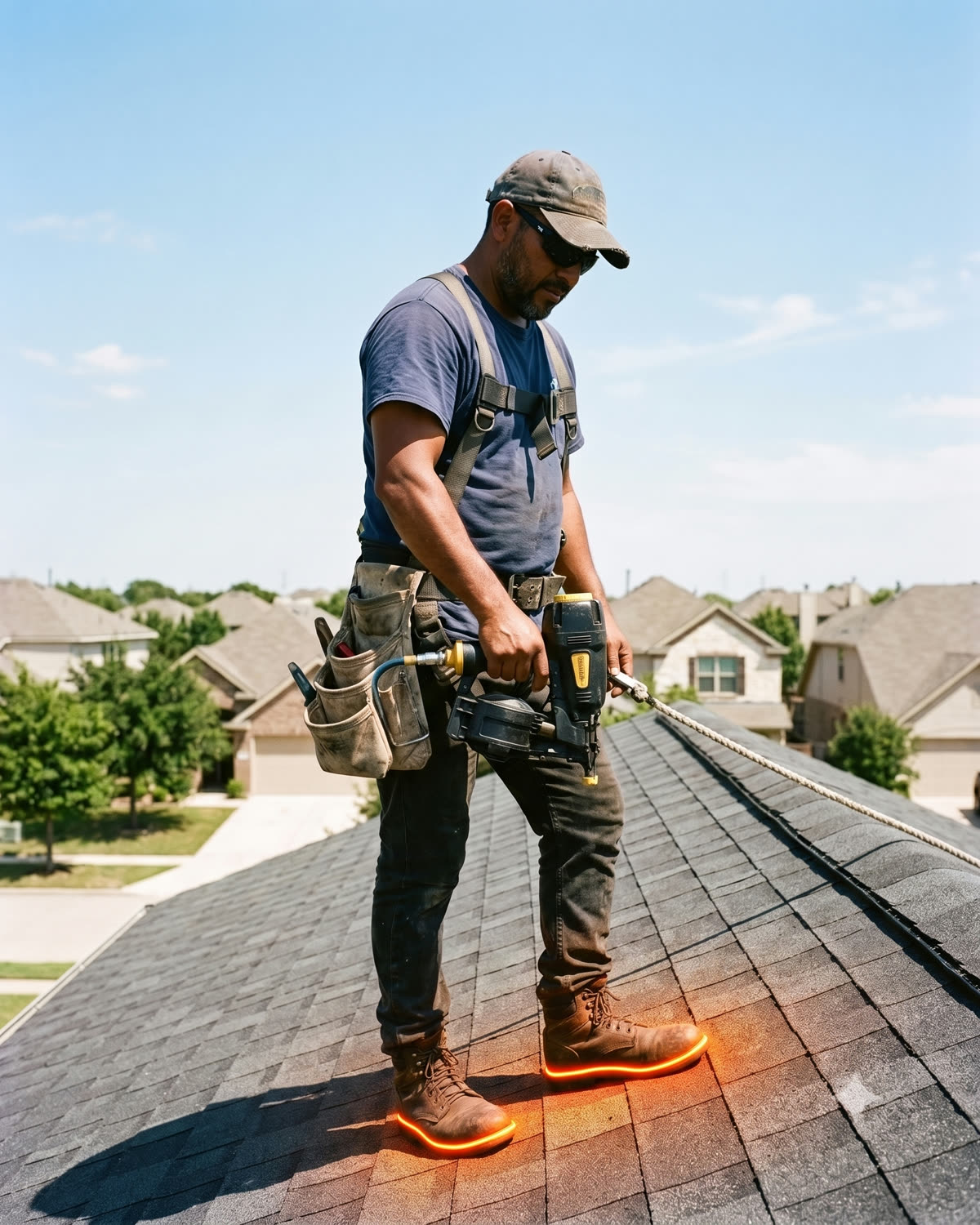 Techador latino trabajando en un tejado en Estados Unidos